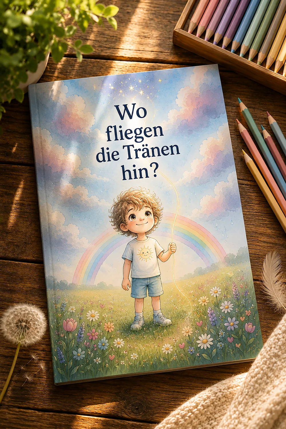 Malbuch Wo fliegen die Tränen hin auf einem Holztisch neben Pastellkreiden